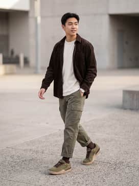 Flight Court – Pair with slim-fit olive cargo pants, a heavy-weight cream t-shirt, and a dark brown corduroy overshirt for a layered, utilitarian look.