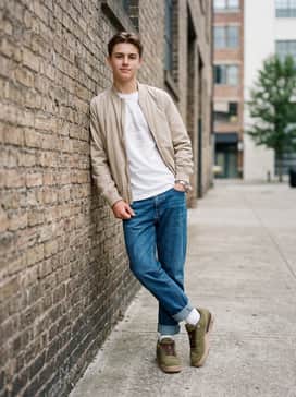 Flight Court – Style with relaxed-fit indigo denim, a white graphic tee, and a beige bomber jacket to highlight the earthy tones of the sole.