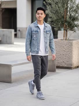 Tapered charcoal grey tech-fleece joggers paired with a heavyweight white cotton t-shirt and a light-wash distressed denim jacket for a textured, layered streetwear vibe.