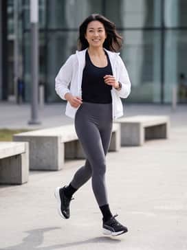 High-performance athletic look: Pair with high-waisted black compression leggings, a moisture-wicking charcoal grey racerback tank, and a sleek white technical windbreaker for a focused training session.