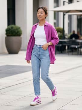 High-waisted light-wash mom jeans paired with a cropped white ribbed tank top and an oversized magenta button-down shirt left unbuttoned.