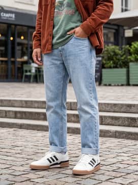 Light-wash straight-leg denim jeans cuffed at the ankle, a tucked-in vintage graphic t-shirt, and a corduroy overshirt in a warm rust tone.