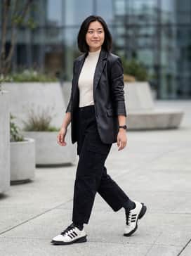Forum Sq Shoes – Oversized black cargo pants paired with a tucked-in cream mock-neck bodysuit and a structured leather blazer for a sleek streetwear look.