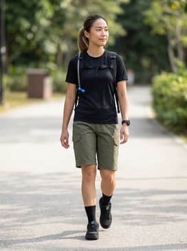 A pair of olive green cargo mountain bike shorts paired with a black moisture-wicking tech jersey and a lightweight hydration pack for a functional trail look.