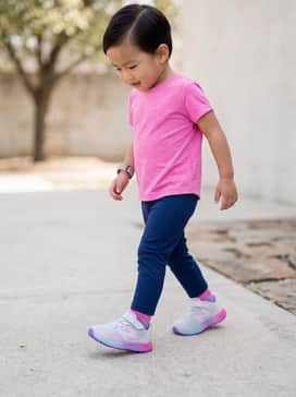Pair these sneakers with navy blue athletic leggings and a vibrant pink moisture-wicking t-shirt for a coordinated, playground-ready look.