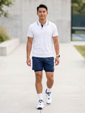 Fresh Foam X 1007 – Navy blue moisture-wicking athletic shorts paired with a matching white and navy performance polo for a classic court-ready aesthetic.