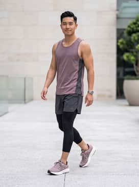 Fresh Foam X 860v14 – Pair with black compression leggings under charcoal grey running shorts and a mauve-toned moisture-wicking singlet for a coordinated performance look.