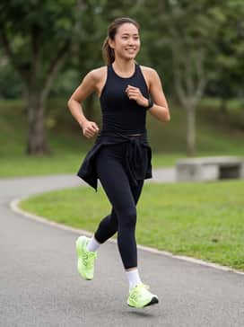 A sleek all-black ensemble consisting of high-performance compression leggings and a matching racerback cropped tank to let the neon green shoes pop as the statement piece.