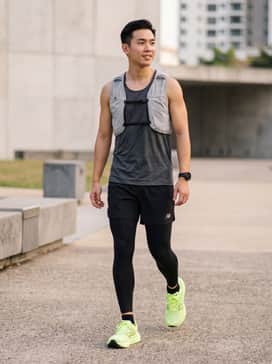 A pair of black high-compression running tights paired with a moisture-wicking charcoal grey singlet and a lightweight reflective running vest for visibility.