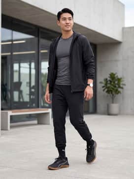 A high-performance gym look featuring black moisture-wicking joggers, a fitted charcoal grey compression shirt, and a lightweight windbreaker for pre-workout warmth.