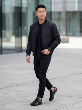 Future Cat Emboss Mens Sneakers – A sleek urban look featuring black slim-fit distressed jeans, a fitted charcoal grey crew neck t-shirt, and a black matte bomber jacket for a monochromatic edge.