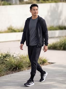 A performance-focused look featuring black moisture-wicking tapered joggers, a charcoal grey compression shirt, and a lightweight black running windbreaker for early morning outdoor jogs.