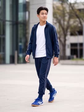 A matching navy blue tracksuit with white piping for a cohesive and athletic head-to-toe performance look.