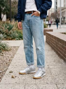 Vintage-inspired outfit with light-wash relaxed fit jeans, a white graphic tee, and a navy blue nylon bomber jacket for a classic 90s athletic vibe.