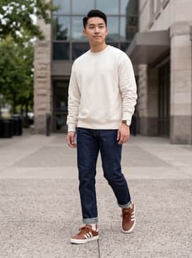 A pair of tapered raw denim jeans rolled at the cuff to show off the shoe's low profile, paired with a heavy-weight cream crewneck sweatshirt for a classic, clean look.