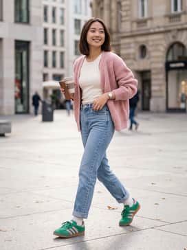 High-waisted light-wash straight-leg jeans paired with a cropped white ribbed tank and a pastel pink oversized cardigan to echo the shoe's accent color.