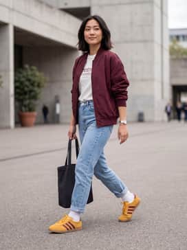 Pair these sneakers with high-waisted, light-wash 'mom' jeans and a tucked-in white graphic t-shirt, layered with a burgundy bomber jacket to mirror the shoe's iconic stripes.