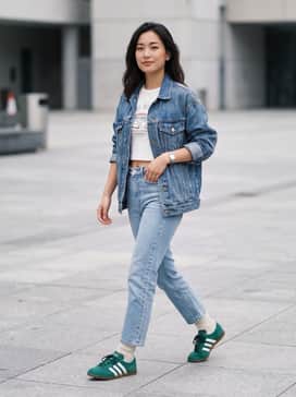 High-waisted light-wash straight-leg jeans, a tucked-in white cropped graphic tee, and an oversized denim jacket for a classic 90s-inspired look.