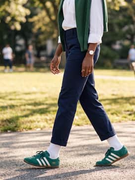 Gazelle Lo Pro Shoes – Cropped navy chinos, a crisp white button-down shirt, and a forest green knit sweater draped over the shoulders for a coordinated, preppy vibe.