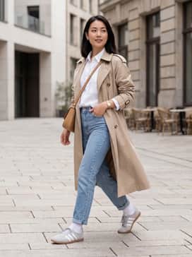 Straight-leg light wash denim paired with an oversized white linen button-down and a beige trench coat for a classic city look.