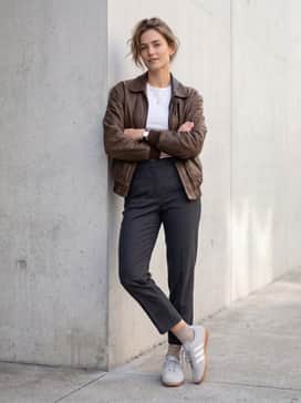 Gazelle Lo Pro Shoes – Tailored charcoal wool trousers with a tucked-in fitted white baby tee and a vintage brown leather bomber jacket.