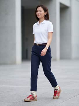 Gazelle Lux Spikeless Golf Shoes – Navy blue tailored golf trousers paired with a crisp white performance polo and a subtle red belt to echo the shoe's stripes.