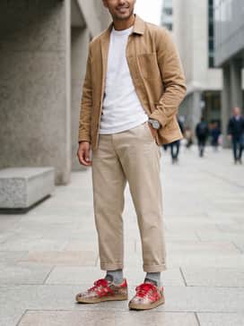 Gazelle Lux Spikeless Golf Shoes – Light-wash straight-leg denim jeans with a simple white graphic tee and an oversized tan chore coat for a balanced streetwear look.
