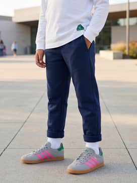 Classic navy blue joggers and a white long-sleeve tee featuring a green logo accent to highlight the heel tab detail.