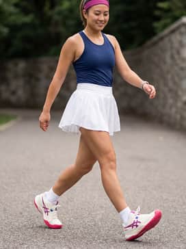 Gelchallenger 15 – A white pleated tennis skirt paired with a navy blue racerback performance tank and a matching magenta headband for a coordinated court-ready look.