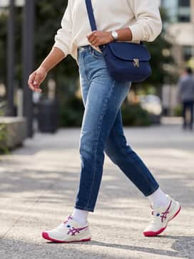 High-waisted light wash straight-leg jeans with a slightly tucked-in oversized cream sweatshirt and a small navy crossbody bag for a relaxed weekend vibe.