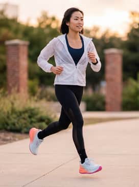 A high-performance look featuring navy blue compression leggings, a matching racerback sports bra, and a sheer white technical running jacket to make the shoe's sunset gradient pop.