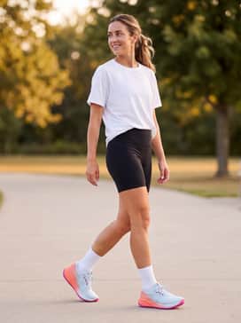 A summer workout outfit consisting of black high-rise bike shorts, an oversized white graphic tee tucked in, and visible white crew socks for a trendy, sporty silhouette.