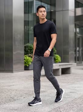 Gelexcite 11 – A technical moisture-wicking black t-shirt paired with charcoal grey tapered joggers and high-performance ankle socks for a dedicated training session.