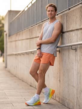 Gelkayano 32 Sunny Sizzle – Sunset orange split running shorts a ventilated mesh sleeveless top in light grey and a slim matte black fitness tracker