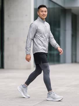 Gelnimbus 28 Atc – Performance-ready look with charcoal compression tights, black moisture-wicking shorts, and a lightweight silver windbreaker for early morning runs.
