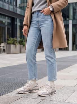 Light-wash straight-leg denim paired with a grey cashmere sweater and a tan overcoat for a sophisticated Scandi-style aesthetic.