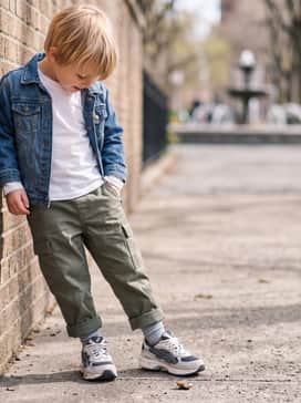 Gelnyc Preschool – Olive green cargo pants paired with a simple white long-sleeve tee and a denim jacket, creating a durable and trendy outfit for outdoor play.