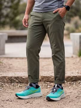 Gelpulse 17 Tr – Outdoor Trail Ready: Olive green ripstop hiking trousers, a breathable grey technical base layer, and a lightweight lime green rain shell to highlight the shoe's accents.
