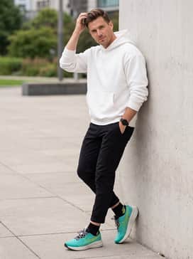 Modern Athleisure: Slim-fit black joggers and a clean white oversized fleece hoodie, allowing the vibrant teal of the sneakers to be the focal point of the outfit.
