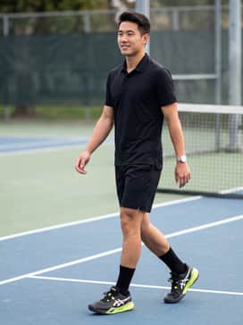 Gelresolution X – A crisp white moisture-wicking tennis polo paired with black performance shorts and mid-calf athletic socks for a classic court look.