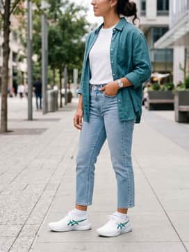 Gelresolution X – A casual off-court outfit with light-wash cropped straight-leg jeans, a tucked-in crisp white tee, and an unbuttoned teal linen shirt for a cohesive, breezy style.
