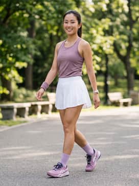 Gelresolution X Wide – A crisp white pleated tennis skirt paired with a coordinating mauve racerback performance tank and a matching sweatband for a classic court ensemble.