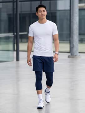 Gelrocket 12 – A performance-focused court look featuring navy mesh athletic shorts, a white moisture-wicking compression shirt, and crew-length athletic socks for maximum functionality during indoor sports.