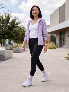 Geltactic 13 – A high-performance look with lavender compression leggings, a white moisture-wicking tank top, and a lightweight zip-up windbreaker for transitions between the court and the street.