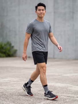 Gelventure 11 – Pair with black moisture-wicking running shorts, a grey technical mesh t-shirt, and high-performance crew socks for a functional trail-ready look.