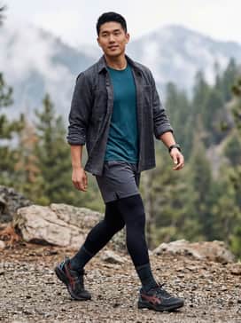 Gelventure 11 Waterproof – A performance-focused look featuring black moisture-wicking compression leggings, dark grey athletic shorts, and a breathable teal technical tee for high-intensity trail runs.
