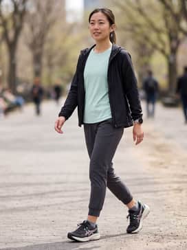 Gelventure 11 Wide – A performance-ready outfit featuring charcoal grey compression leggings, a mint-green moisture-wicking racerback tank, and a black lightweight technical windbreaker.