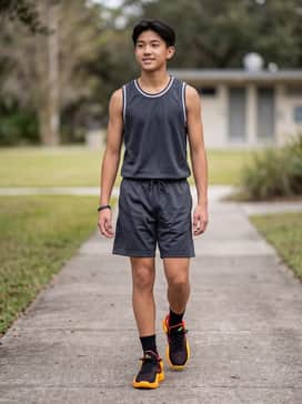 A professional basketball uniform featuring a charcoal team jersey and matching mesh performance shorts with black crew socks.