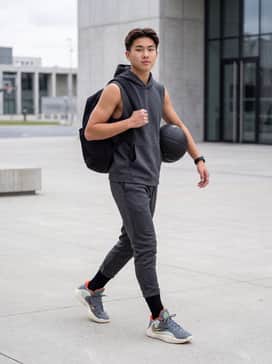 Giannis Freak 7 Ignition – Performance Ready: Charcoal grey moisture-wicking tech fleece joggers paired with a matching slim-fit sleeveless hoodie and black high-performance compression socks.