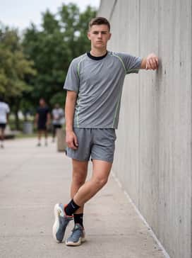 Elite Training: Black athletic compression leggings worn under lightweight grey running shorts, styled with a fitted neon-accented training tee.